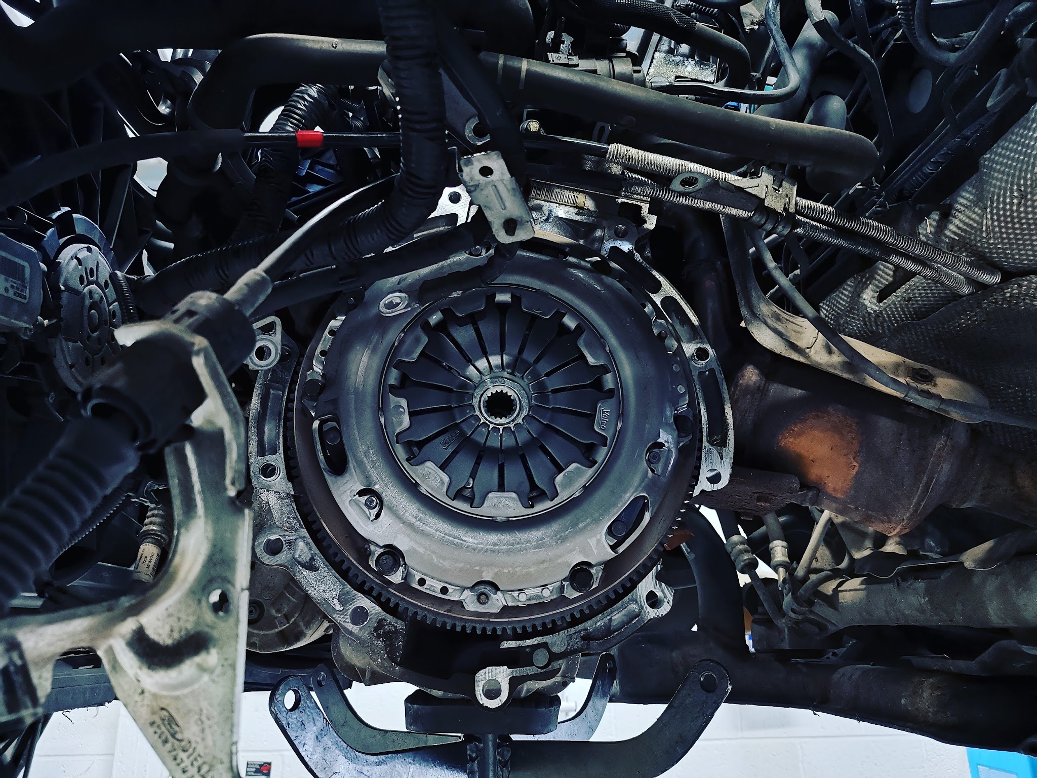 Close-up of a clutch and flywheel with the gearbox out